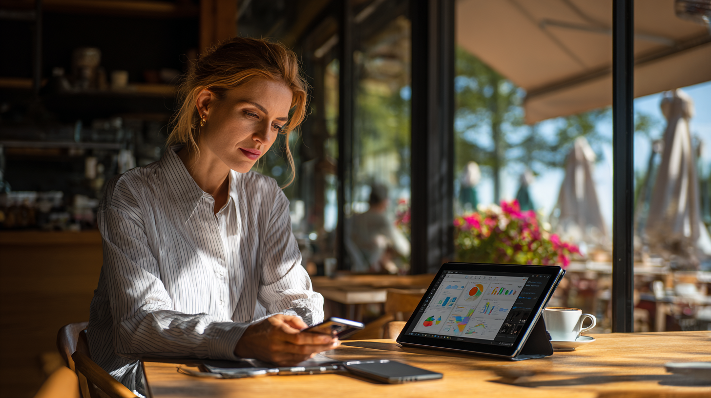 Frau arbeitet mit Microsoft PowerPoint auf Tablet und Smartphone im Café – mobiles Arbeiten mit Microsoft 365 und OneDrive