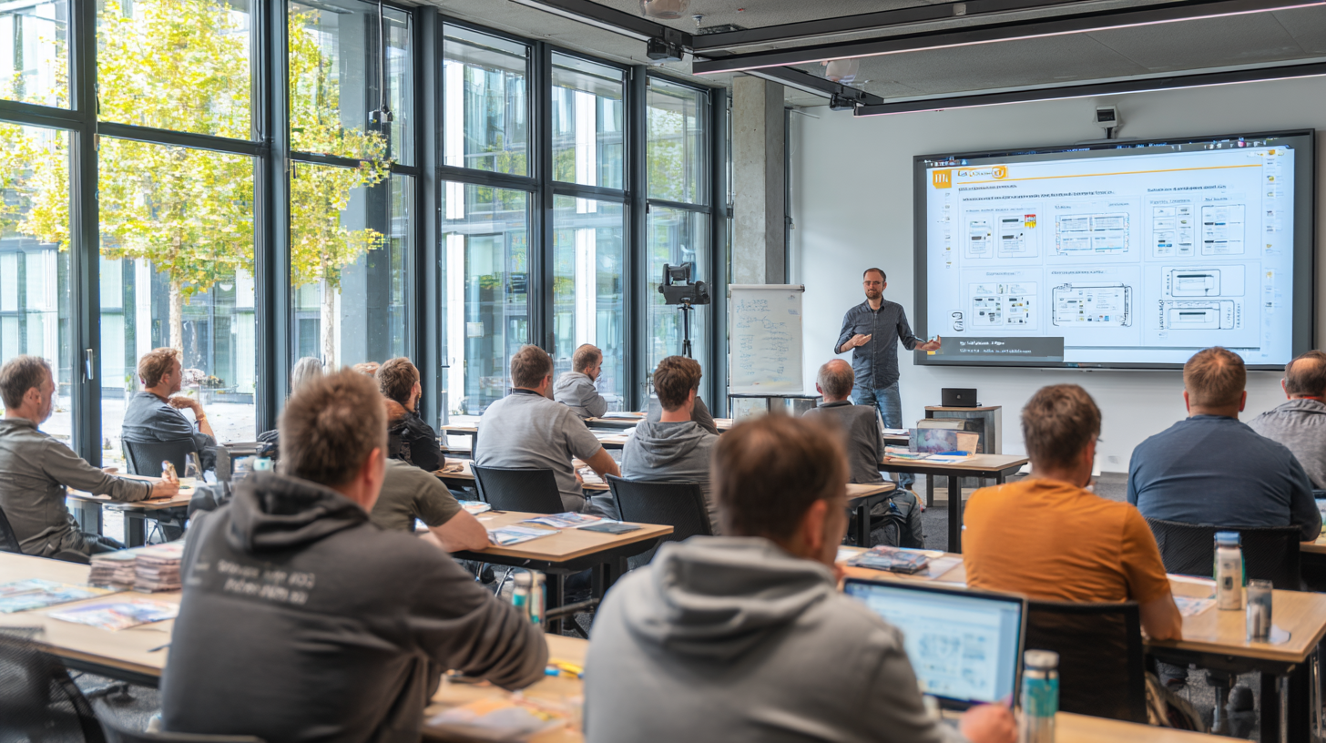 Ein IT-Schulungsraum mit Teilnehmern in einem Workshop, moderne Präsentation auf großer Leinwand mit ITIL 4 Framework, Trainer erklärt lebendig, Lernmaterialien auf Tischen