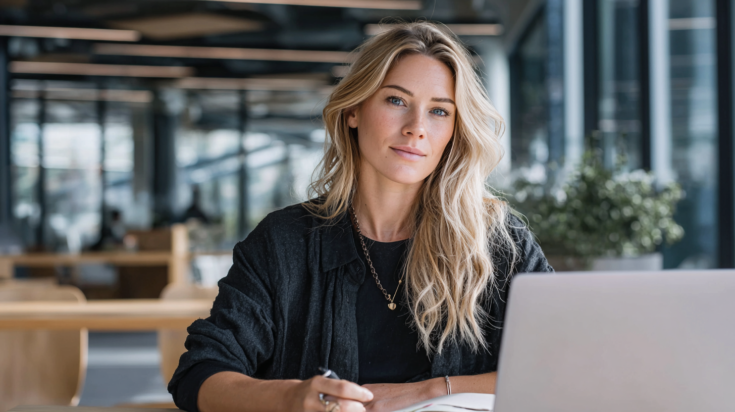 Attraktive Unternehmerin (40 Jahre alt) mit langen blonden Haaren, sitzt in einem modernen Coworking-Space in München. Auf dem Schreibtisch stehen ein offener Laptop und ein Notizbuch. Sie tippt und arbeitet an ihrer Website.“
