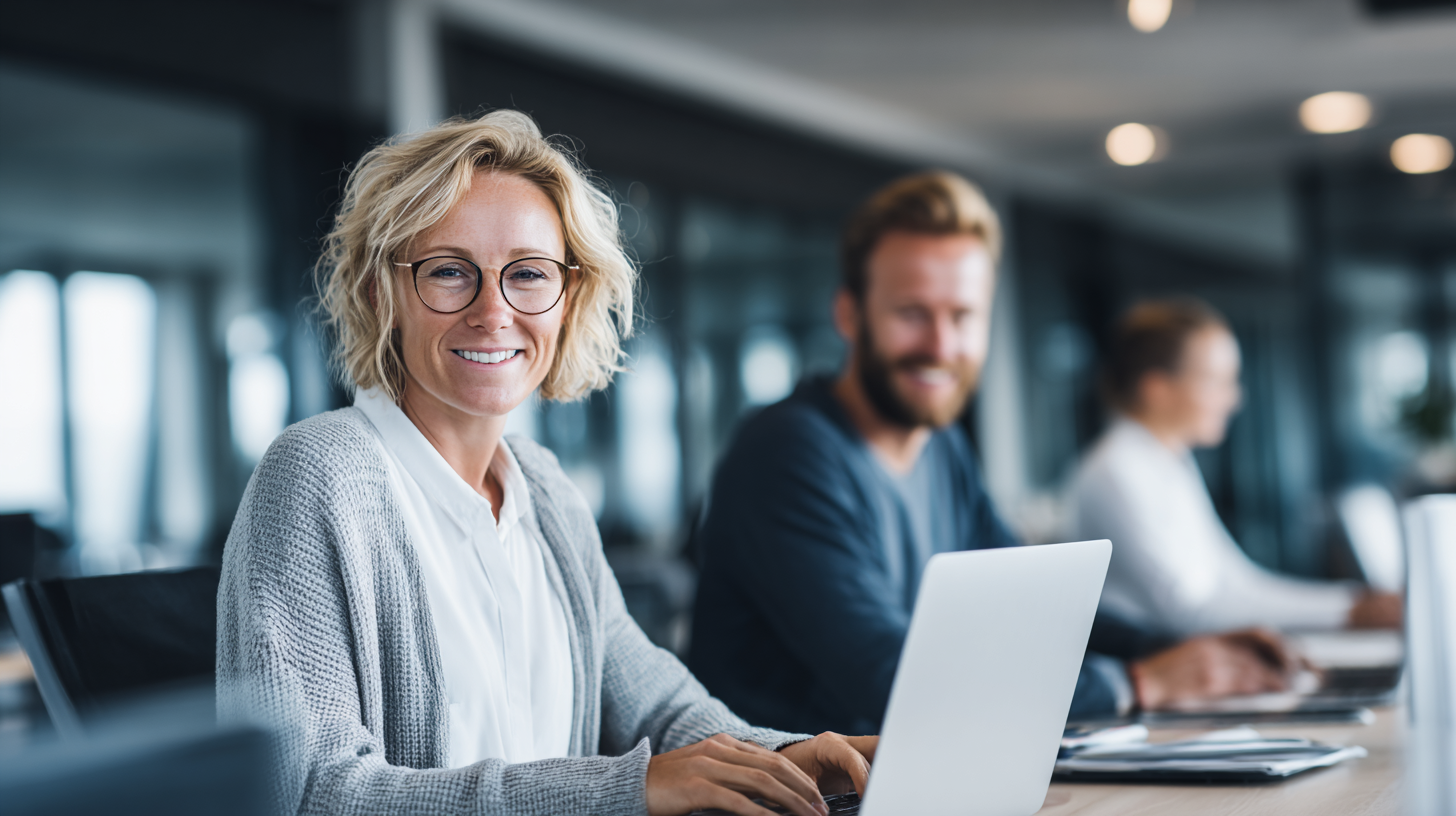 Moderne Büroszene, Mitarbeitende (Alter über 30 Jahre alt) arbeiten konzentriert am Laptop, KI-gestützte Unterstützung im Hintergrund, digitale Assistenz, klare und aufgeräumte Arbeitsumgebung, realistische Business-Fotografie, natürliches Licht, professioneller Corporate Look