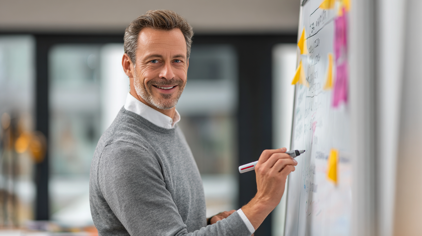 Modernes, professionelles Weiterbildungsumfeld, Scrum Master moderiert ein agiles Team, Whiteboard mit Scrum Framework, Sprint Backlog und Product Backlog, offene Diskussion, Business-Atmosphäre