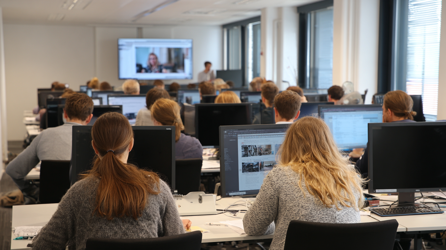 Weiterbildung für digitale Transformation, Menschen lernen neue digitale Kompetenzen, moderner Schulungsraum, digitale Tools, Bildschirme, Fokus auf Lernen und Entwicklung