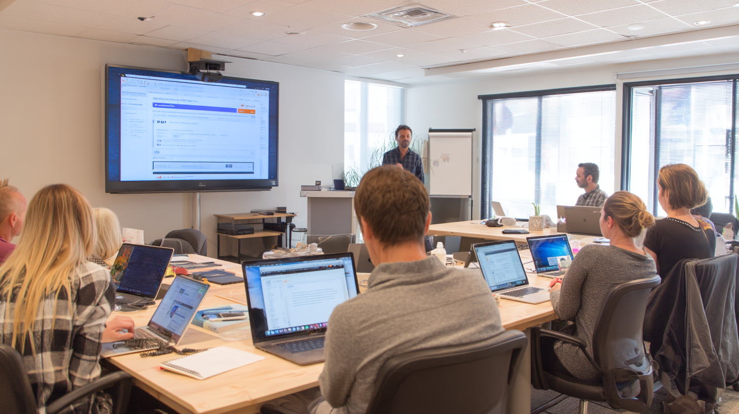 Kleiner Workshop in einem hellen Schulungsraum: Trainer erklärt eine WordPress-Oberfläche auf einem großen Bildschirm, sechs Teilnehmer arbeiten konzentriert mit Laptops.