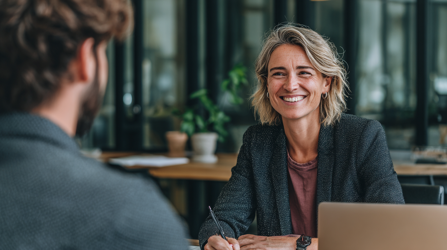 Berufliches Coachinggespräch zwischen Coach und Klient in moderner Büroatmosphäre zur Planung der beruflichen Neuorientierung und Karriereentwicklung.