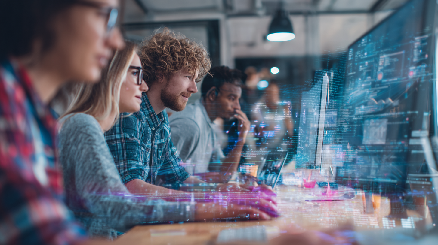 Mehrere Erwachsene arbeiten gemeinsam an Computern und analysieren digitale Daten auf großen Bildschirmen in einer modernen Arbeitsumgebung.