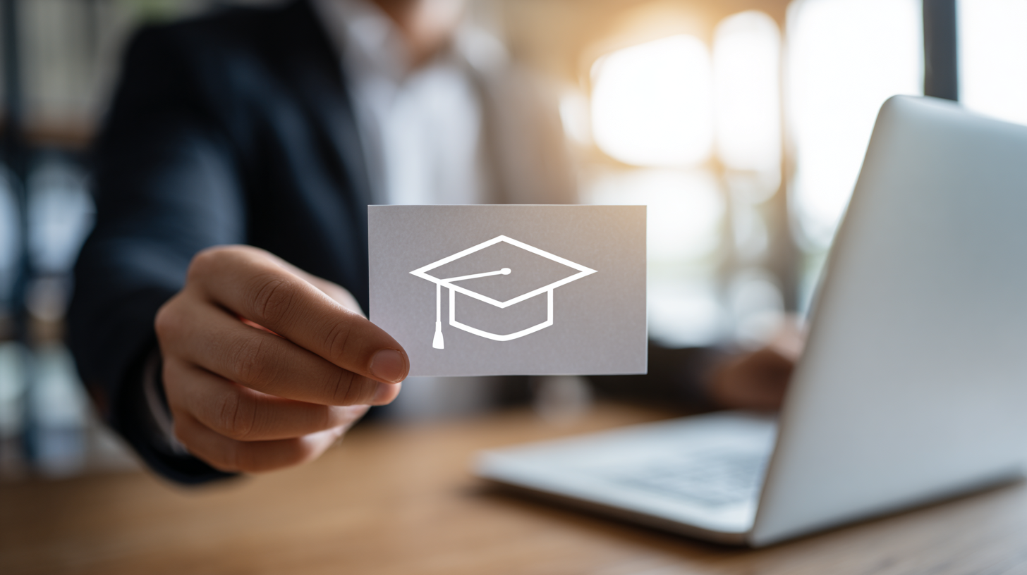 Hand hält Karte mit Abschluss-Symbol – Darstellung für Bildungsgutschein und berufliche Weiterbildung