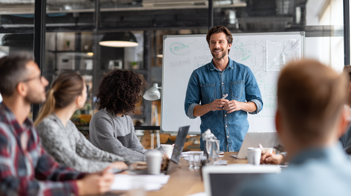 Projektmanagement Weiterbildung im Präsenzkurs: Trainer erklärt praxisnahe Inhalte vor Teilnehmern im Seminarraum, die aktiv lernen und mitarbeiten.